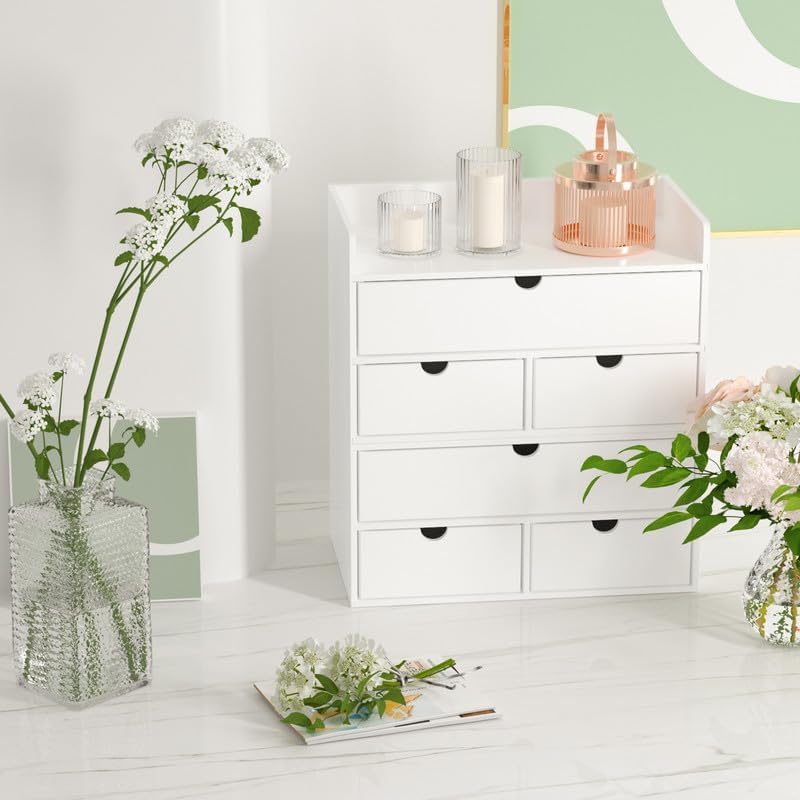 Wisuce Bamboo Desk Organizer - Mini Bamboo Desk Drawer Tabletop Cosmetic Storage Organization for Office or Home White