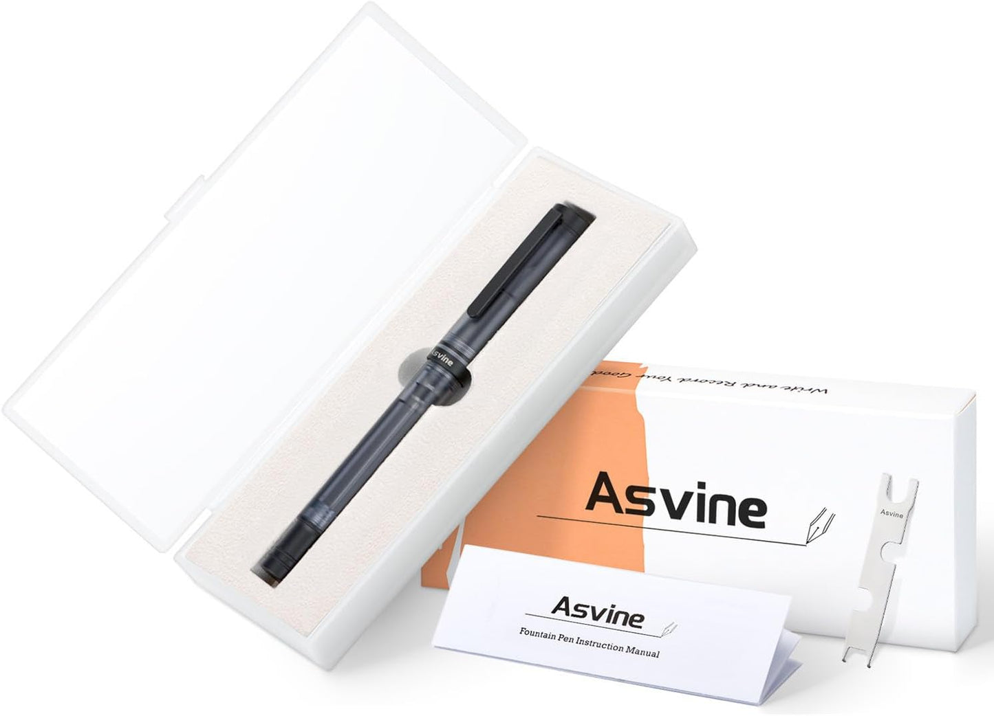 Asvine V200 Titanium Fountain Pen Vacuum Filling, Matte Black Bock Broad Nib Transparent Acrylic Smooth Writing Pen Case Set