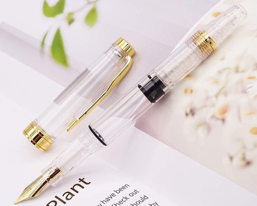 Lanxivi Yongsheng 3011 Demonstrator Clear Classical Fountain Pen Fine Nib Arrow Clip, Piston Filling System, Gold Trim, Set of 4 Pieces in transparent Color