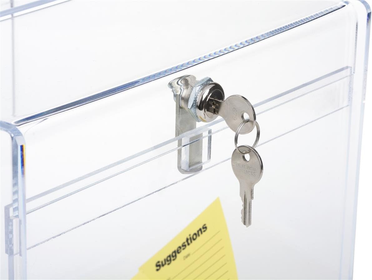 12 inch Cube Ballot Box, Suggestion Box with Key Lock and Side Pocket, Security Pen Included - Clear Acrylic