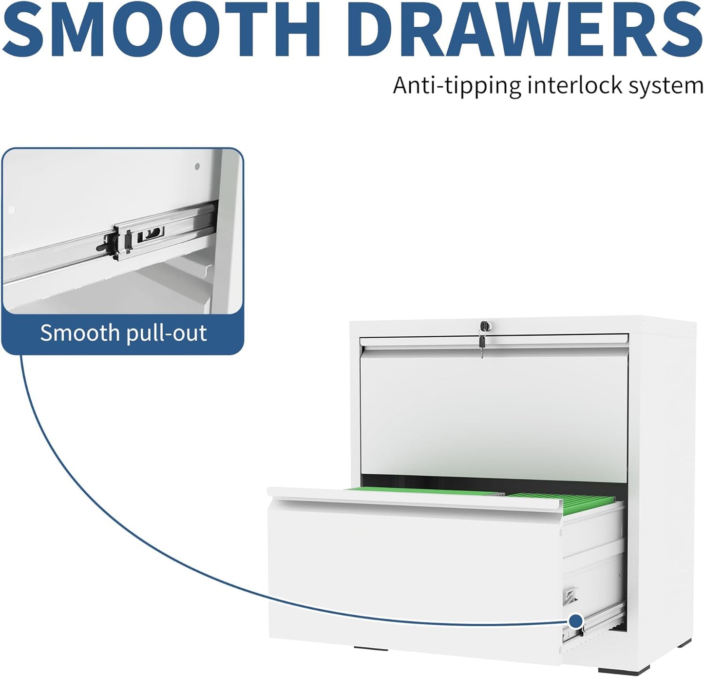 2 Drawer File Cabinet with Lock, White Metal Lateral Filing Cabinets for Home Office, Heavy Duty Steel Horizontal Locking Storage Cabinet for Legal/Letter/A4 Size File, Assembly Required