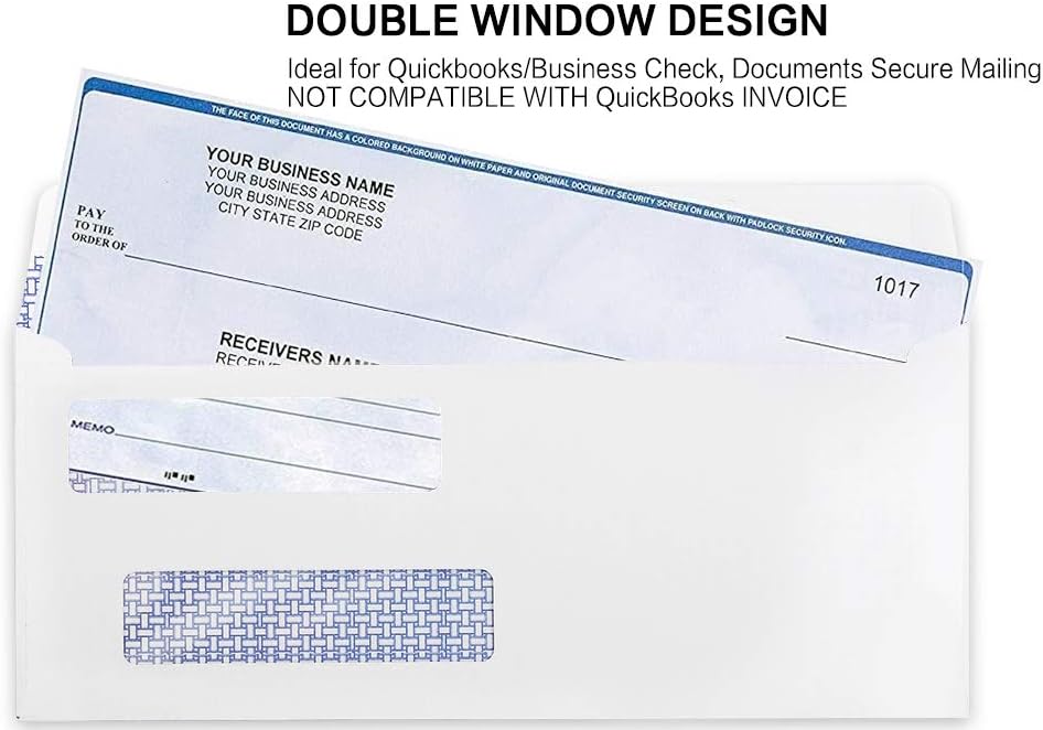 #8 Double Window Security Check Envelopes, No.8 Double Window Bussiness Envelopes Designed for QuickBooks Checks - Computer Printed Checks - 3 5/8 X 8 11/16 (NOT for INVOICES) - 24 LB - 500 PACK