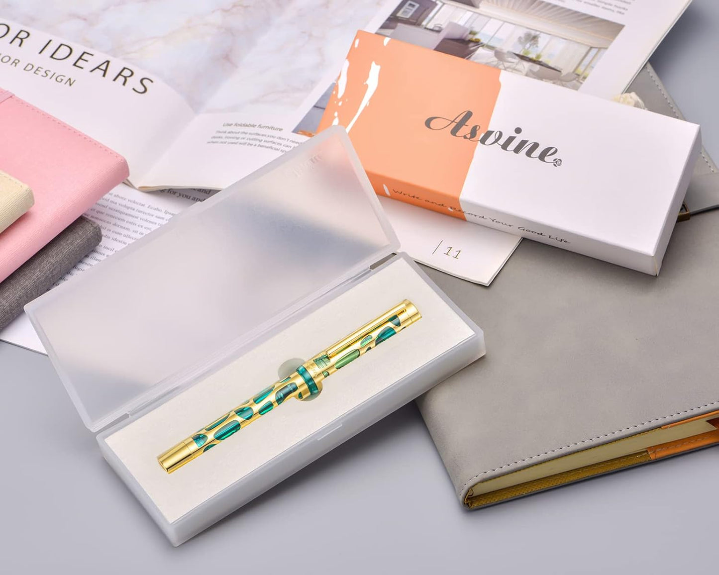 Asvine V169 Vacuum Filling Fountain Pen Iridium Medium Nib, Water Drop Skeleton Gold Trim Transparent Green Acrylic Pen Case Set