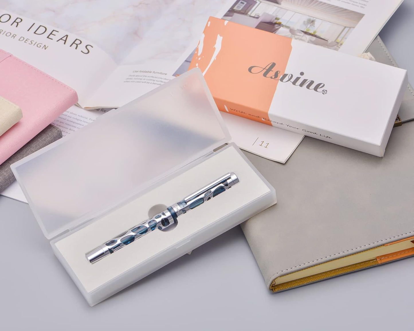 Asvine V169 Vacuum Filling Fountain Pen Fine Nib, Water Drop Skeleton Transparent Gray Blue Acrylic Pen Case Set