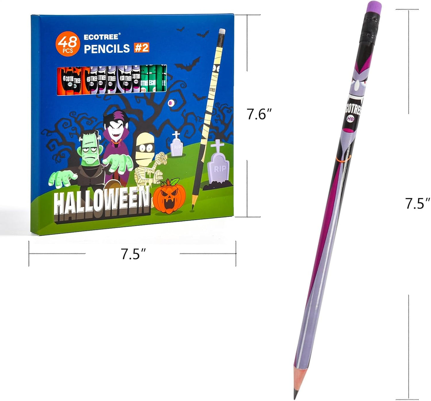 ECOTREE Pre-sharpened Halloween Pencils #2, Halloween Party Favors for Kids, Halloween Gifts, 48 Count
