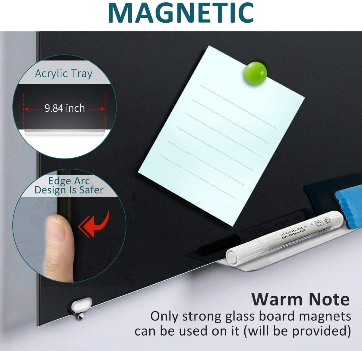 2-in-1 Black Glass Dry Erase Board 60" x 48" - Large Splicing Magnetic Tempered Glass Whiteboard for Wall, Frameless Glass Blackboard Bulletin Board for Office, Home, School