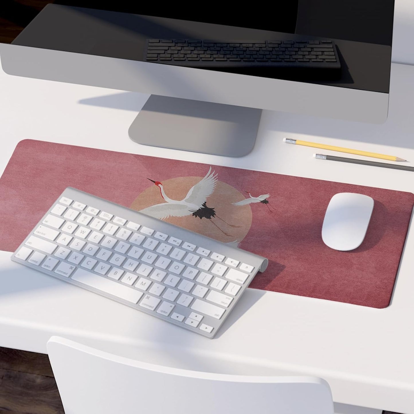 Retro Chinese Style Mouse Pad,Vintage Japanese Style Desk Pad,XL Large China Red Crowned Crane Laptop Desk Mat,Girly Pink Gaming Computer Pads,Girly Desk Mat For Home Office Dorm,31.5x11.8Inch