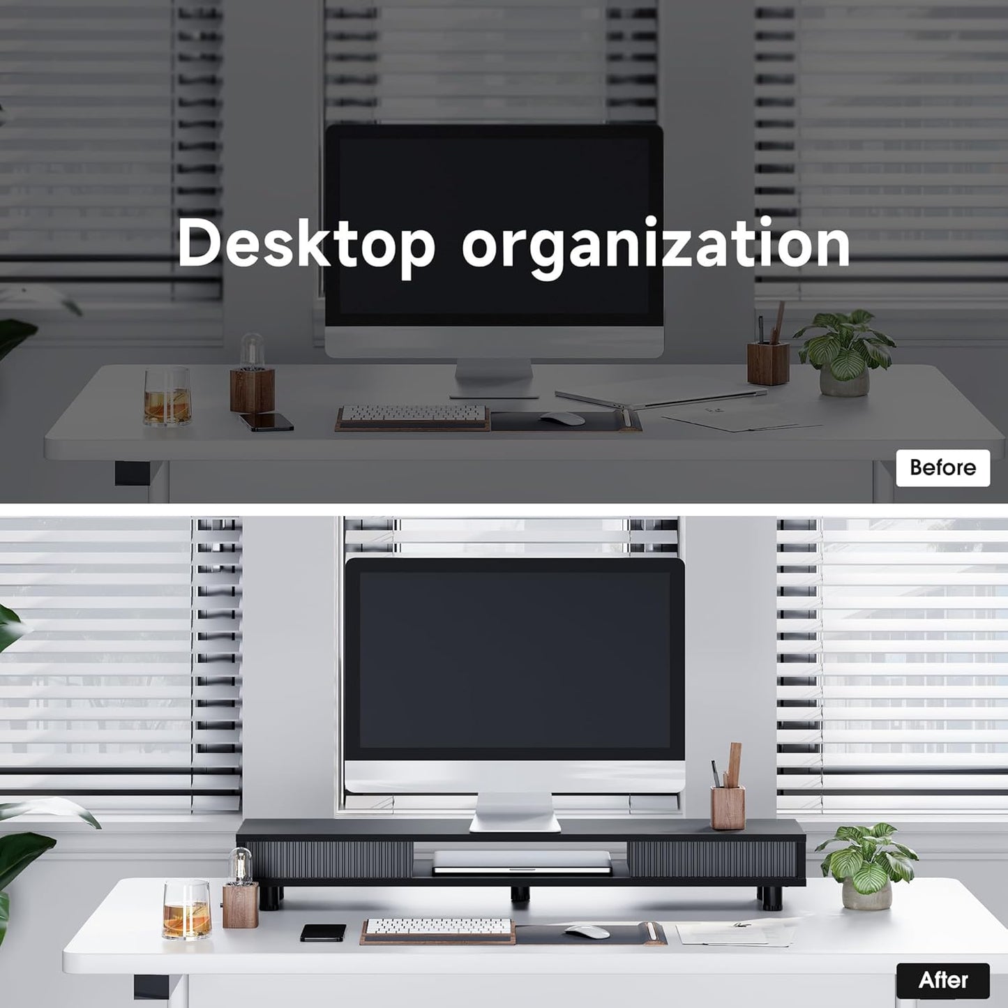 Fenge Dual Monitor Stand, 42.5inch Long Monitor Stands Riser for 2 Monitors, Sliding Door with Storage Organizer Stand for Desk, 2 Tier Desk Shelf for Laptop, Pc, Printer, Computer, TV