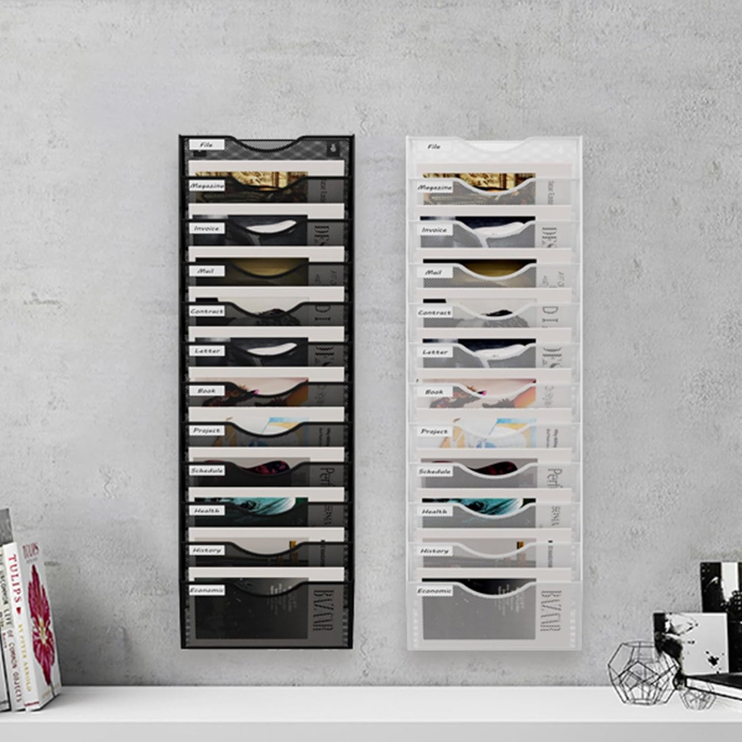 12 Tier Hanging Wall File Holder, Metal A4 Wall Mounted Document Holder, Vertical Hanging Mail Organizer, Magazine Storage Rack for Office Home Classroom, Black
