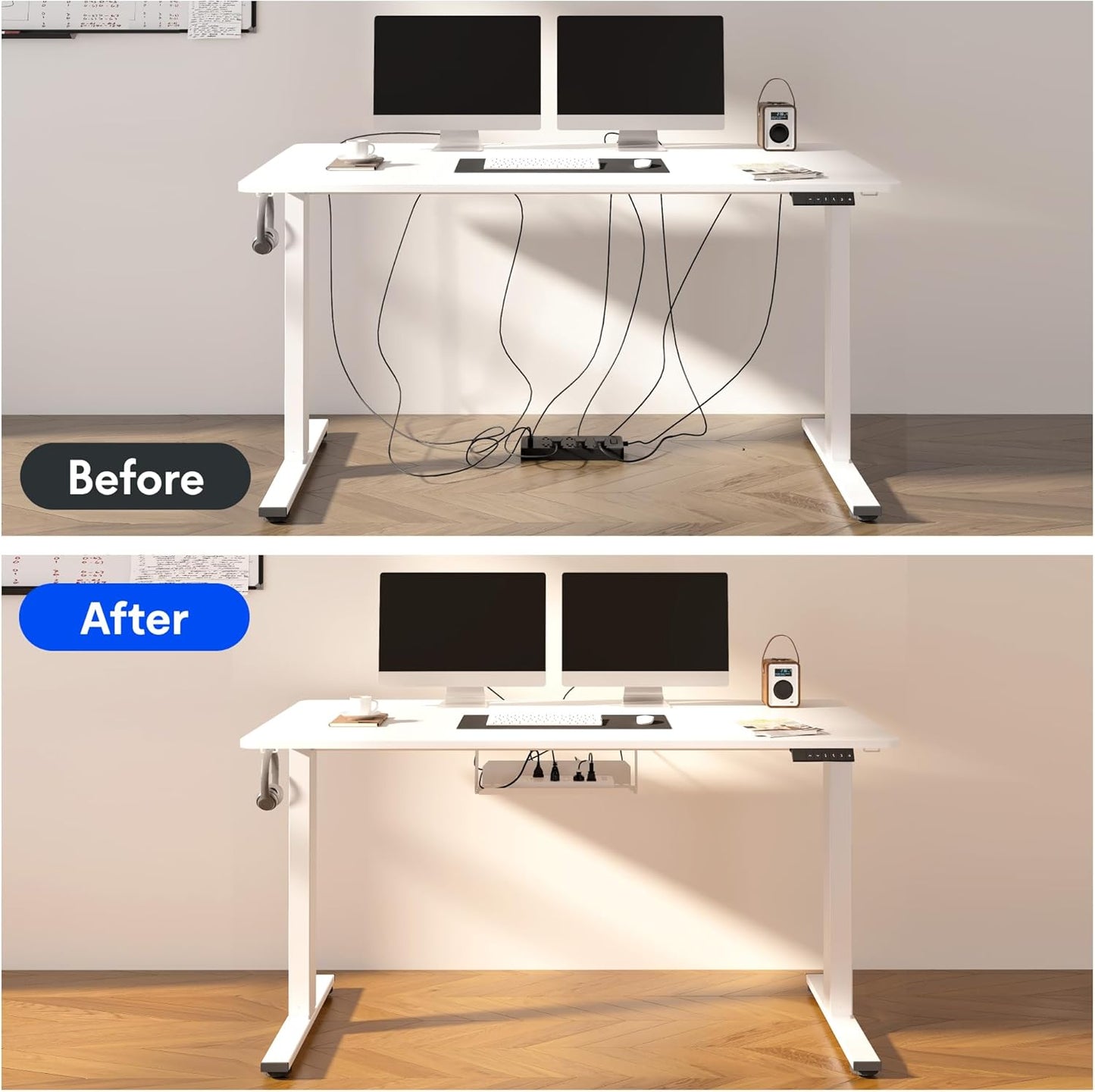 FLEXISPOT EN2 Whole-Piece Standing Desk with Clamp Power Strip, 55 x 28 Electric Stand Up Height Adjustable Desk with Cable Management (White Frame + 55" White Wood Grain Desktop, 2 Packages)