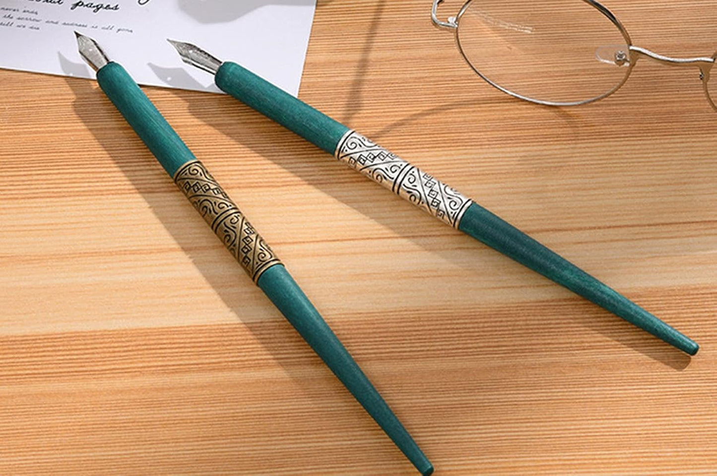 Gullor Wooden Dip Pen Calligraphy Set with Black Ink & 6 Nibs for Beginners, Kids, Writing, Signatures and Drawing, Ancient Cyan