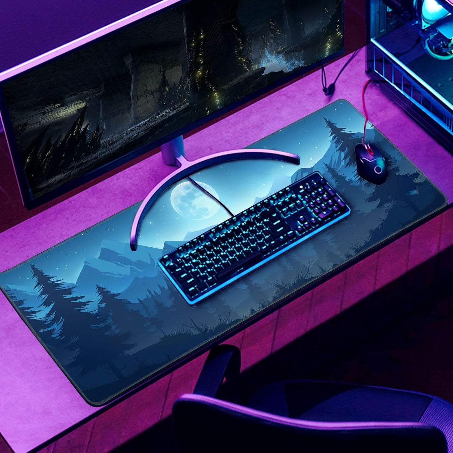 Minimalist Forest Mouse Pad - Dark Blue Night Desk Decor Mat, Moon Large Gaming Mouse Pad for Mountain Desk Computer Keyboard Laptop, Home Office Accessories (31.5x11.8 in)