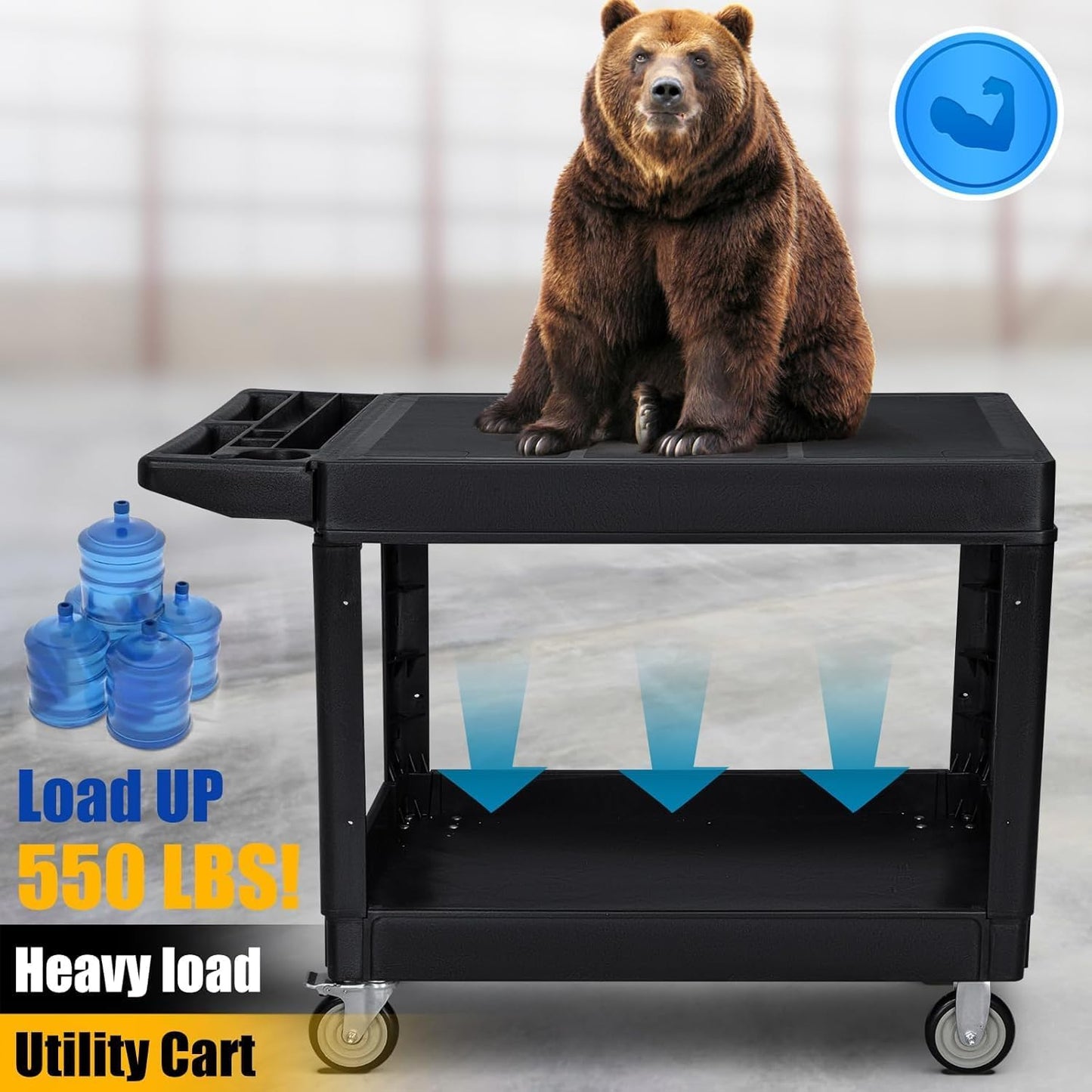 2 Tier Rolling Utility Cart on Wheels, 1000 lbs Capacity Flat Top Plastic Service Cart with Lipped Shelves, 46 x 26-Inch Heavy Duty Work Cart for Warehouse, Garage, Cleaning, Black