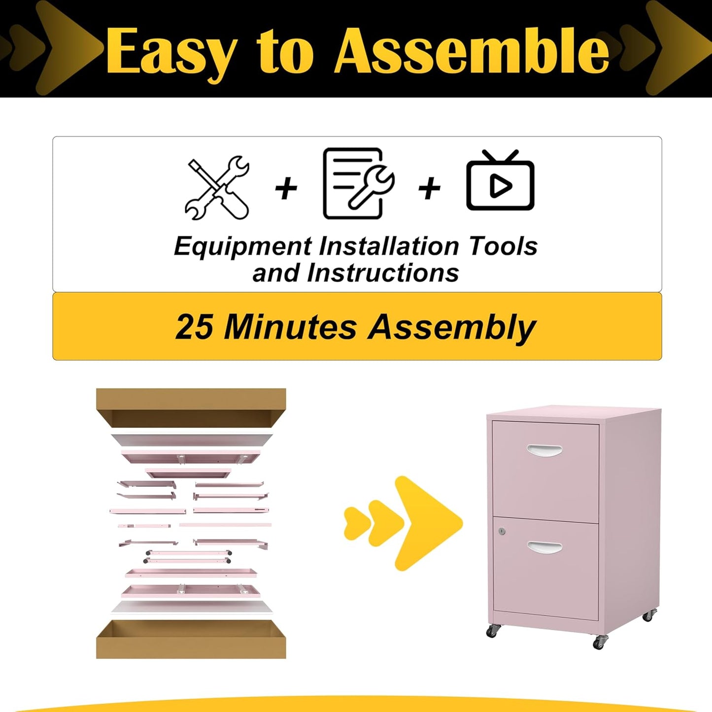 2 Drawer File Cabinet with Lock,Pink Rolling File Cabinet for Home Office, Metal Small Mobile Filing Cabinets on Wheels for Hanging Letter