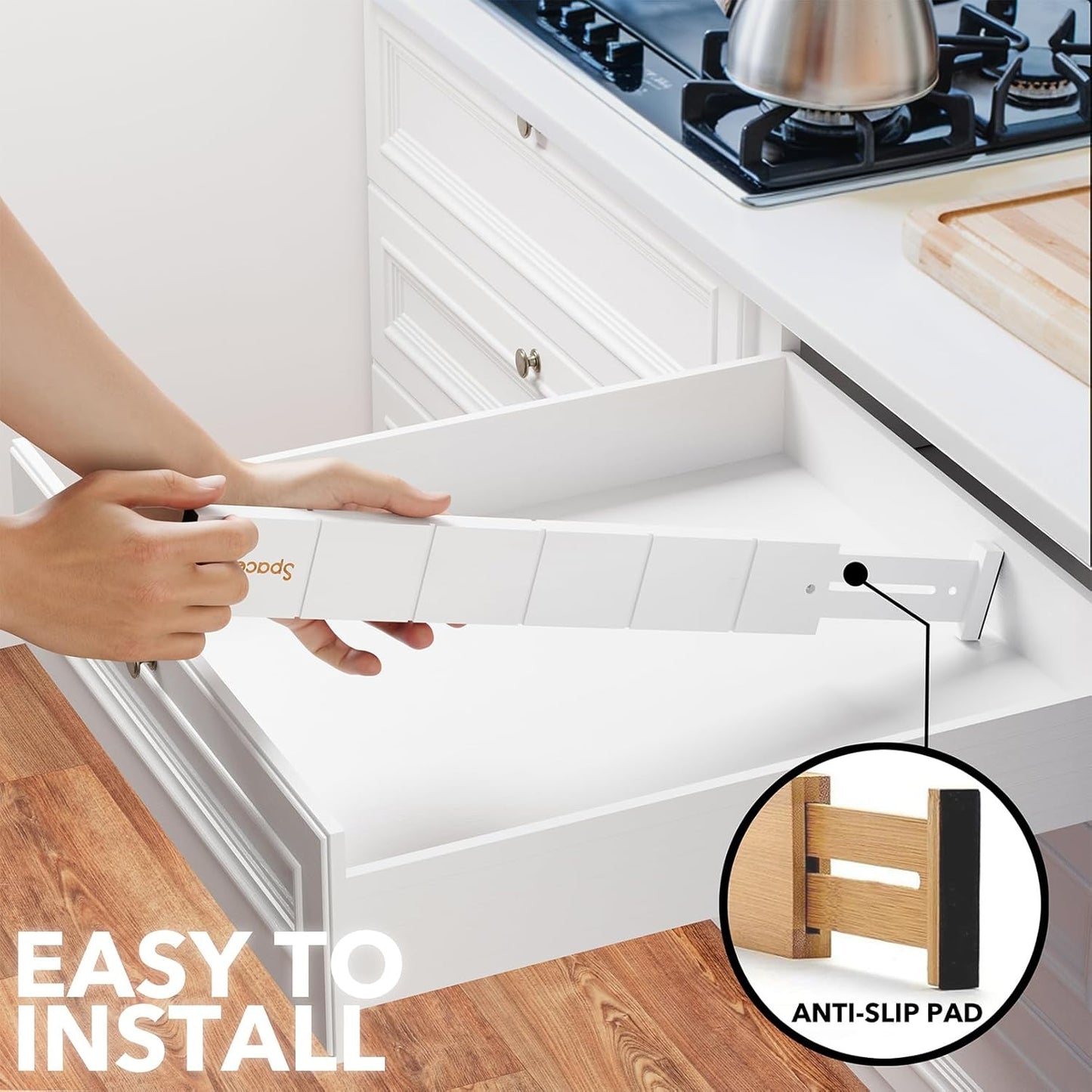 SpaceAid Bamboo Drawer Dividers with Inserts and Labels, Kitchen Adjustable Drawer Organizers, Expandable Organization for Home, Office, Dressers, 10 Dividers with 24 Inserts (17"-22" White)