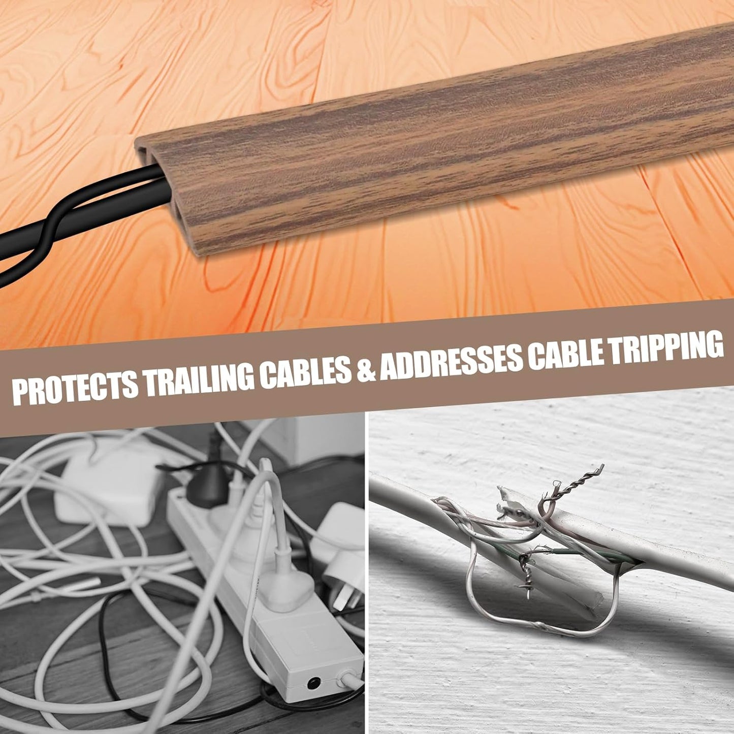 Floor Cord Cover Self Adhesive Cord Hider,3.3FT Cable Management, Extension Strip Protector for Wires, Prevent Cable Trips for Offices, Gyms, Exhibitions Cavity:0.3"(W) x0.28(H) Woodsmokedbrown