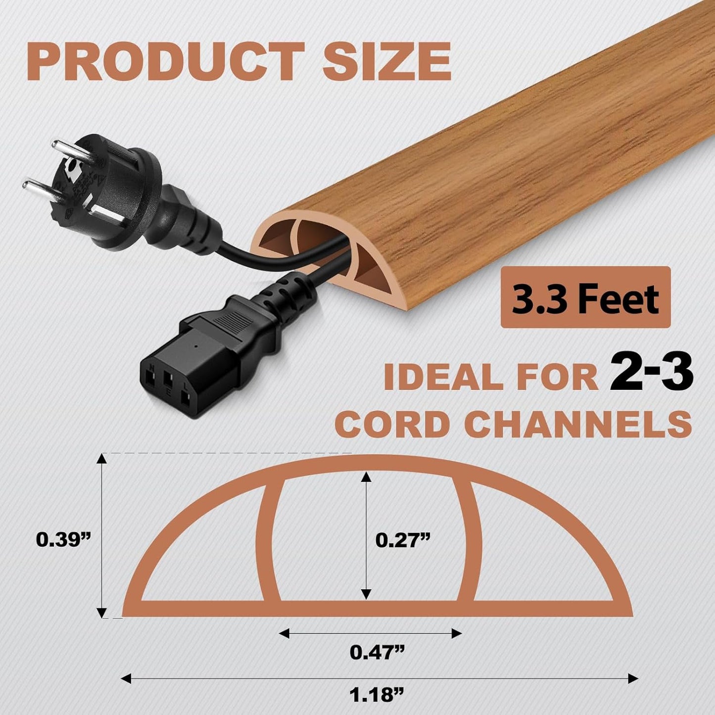 Floor Cord Cover for Wires on Floor Self Adhesive Cord Hider Floor Cable Management Wire Covers for Cords Protector Prevent Cable Trips Cord Cavity W 0.47" x H 0.27", Brown Wood, 3.3Ft