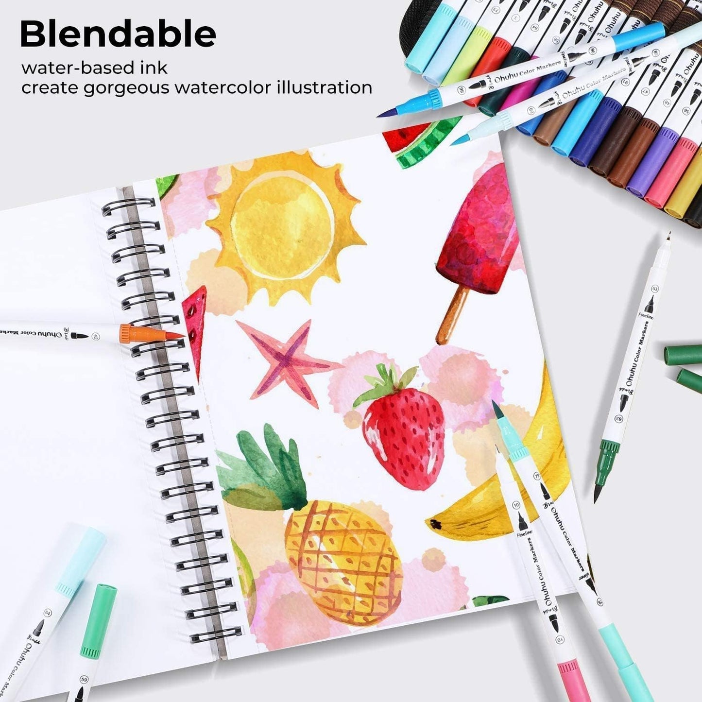 Ohuhu Markers for Adult Coloring Books No Bleeding 100 Colors Coloring Markers Water-based Dual Tips Fineliner & Brush Drawing Pens Art Pens for Kids Adults Sketch Journal - Maui - Black