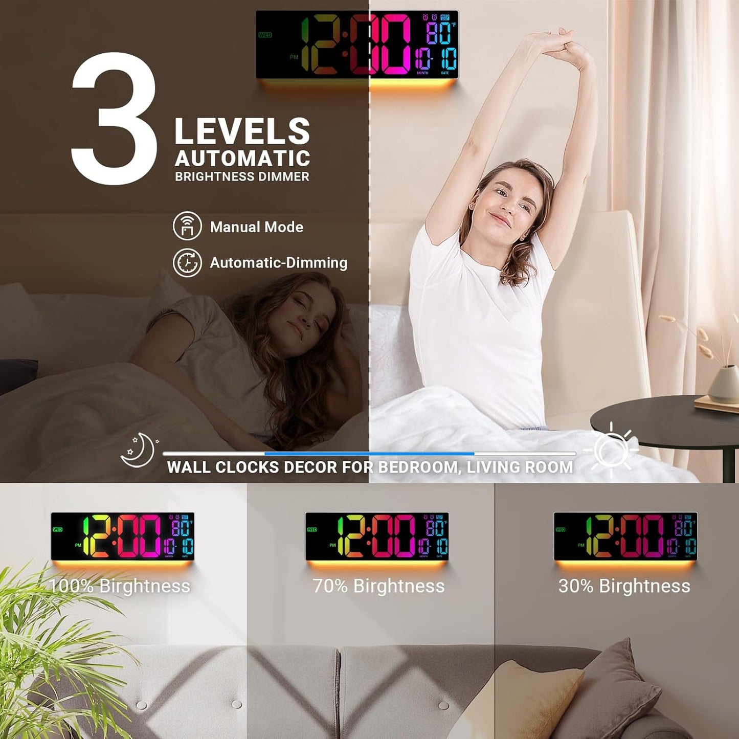 16.5" Large Digital Wall Clock: 11 RGB Colors Wall Mount Decor Clock for Living Room Bedroom Office Classroom, House Warming Gifts New Home Decor, Birthday Gifts for Men Women Gray