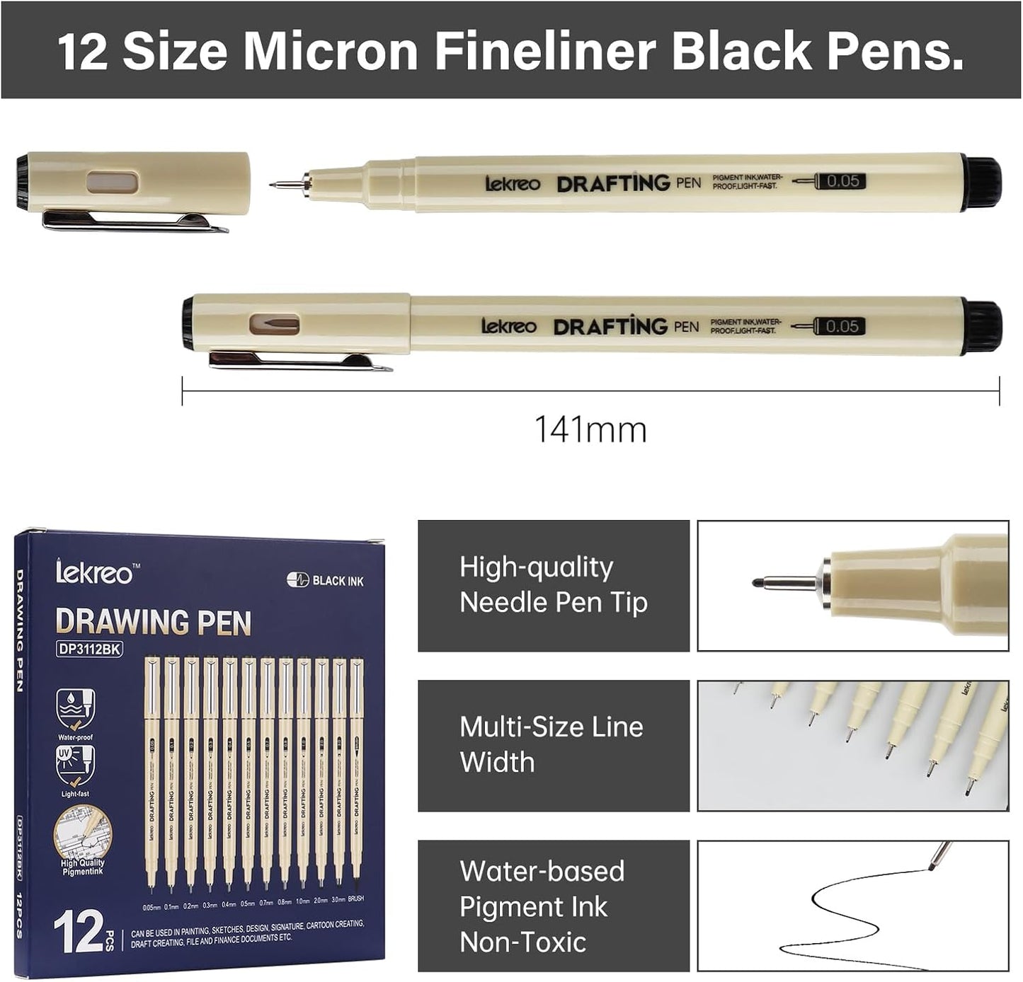 Micron 12-Piece Fineliner Pen, Assorted Point Sizes 0.05 to 3mm & Brush Pens, for Art, Writing & Bullet Journaling (12 Point Sizes)