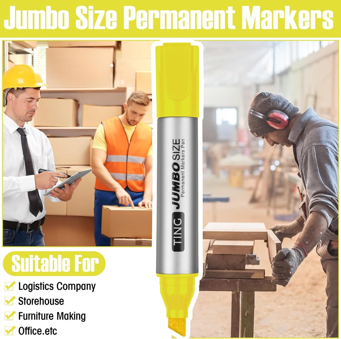 Fuutreo 10 Pack Jumbo Permanent Markers Bulk Large Chisel Tip Permanent Markers Quick Drying Waterproof Big Huge Poster Pens for Office, Logistics Company and More(Yellow)