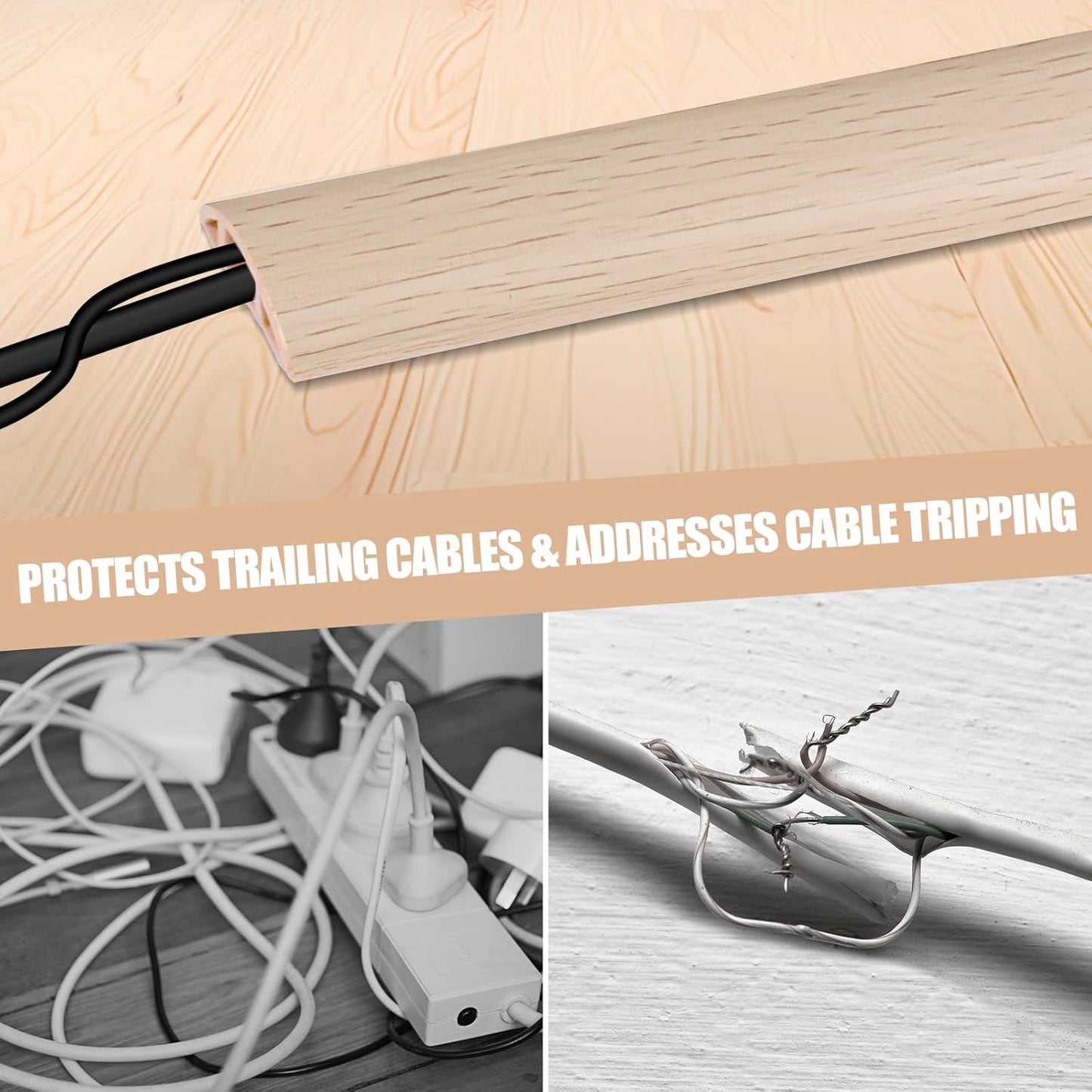 Floor Cord Cover Self Adhesive Cord Hider,10FT Cable Management, Extension Strip Protector for Wires, Prevent Cable Trips for Offices, Gyms, Exhibitions Cavity:0.51"(W) x 0.3"(H) Yellow Wood