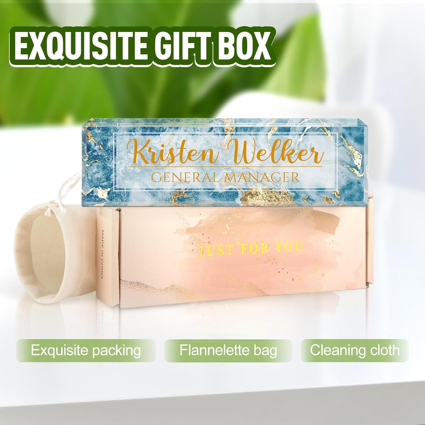 Gowellly Desk Name Plate Personalized - Custom Acrylic Name Plate for Desk - Enterprise Custom Logo/Text nameplates - Employee Appreciation Gifts (Blue Marble)