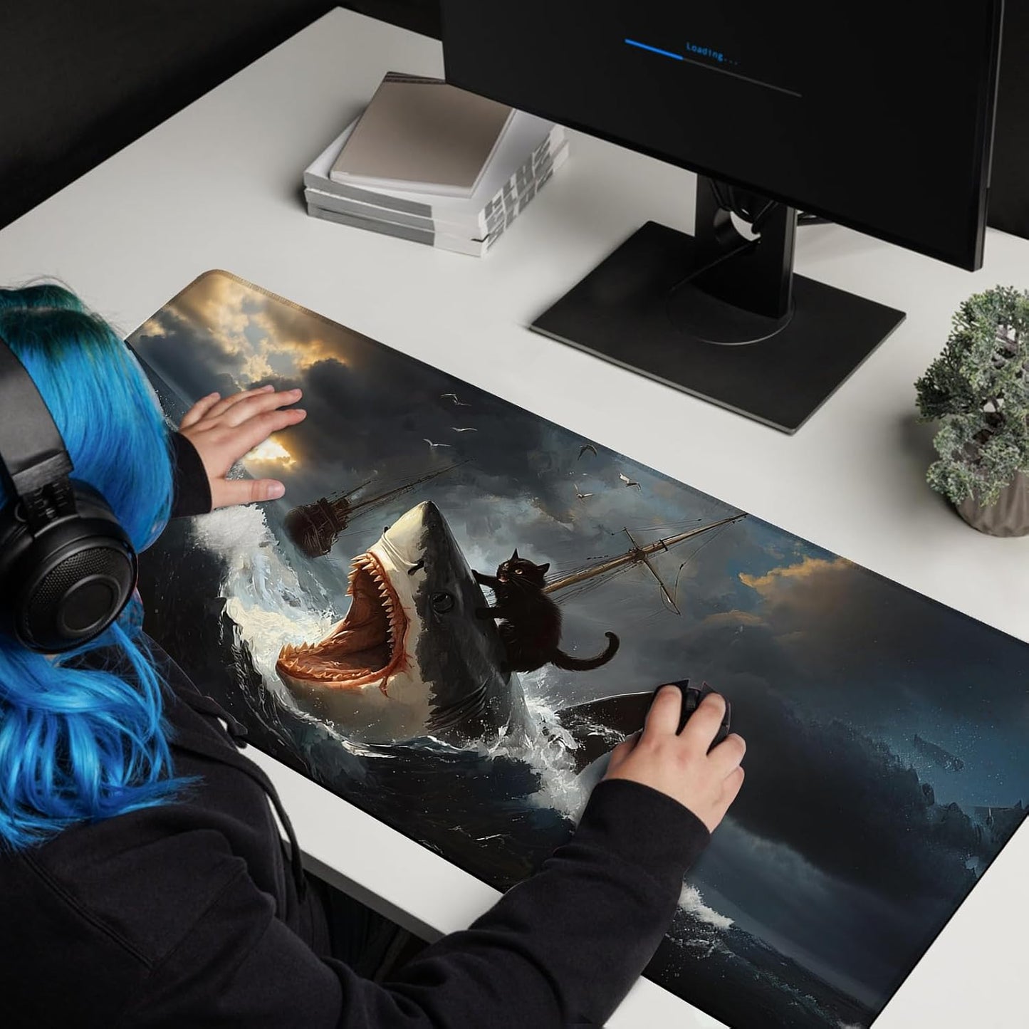 Funny Black Cat Mouse Pad, Abstract Quirky Cat and Shark Mousepad - Large Non-Slip Desk Mat for Office, PC & Laptop - 35.5"x15.7" x 3mm