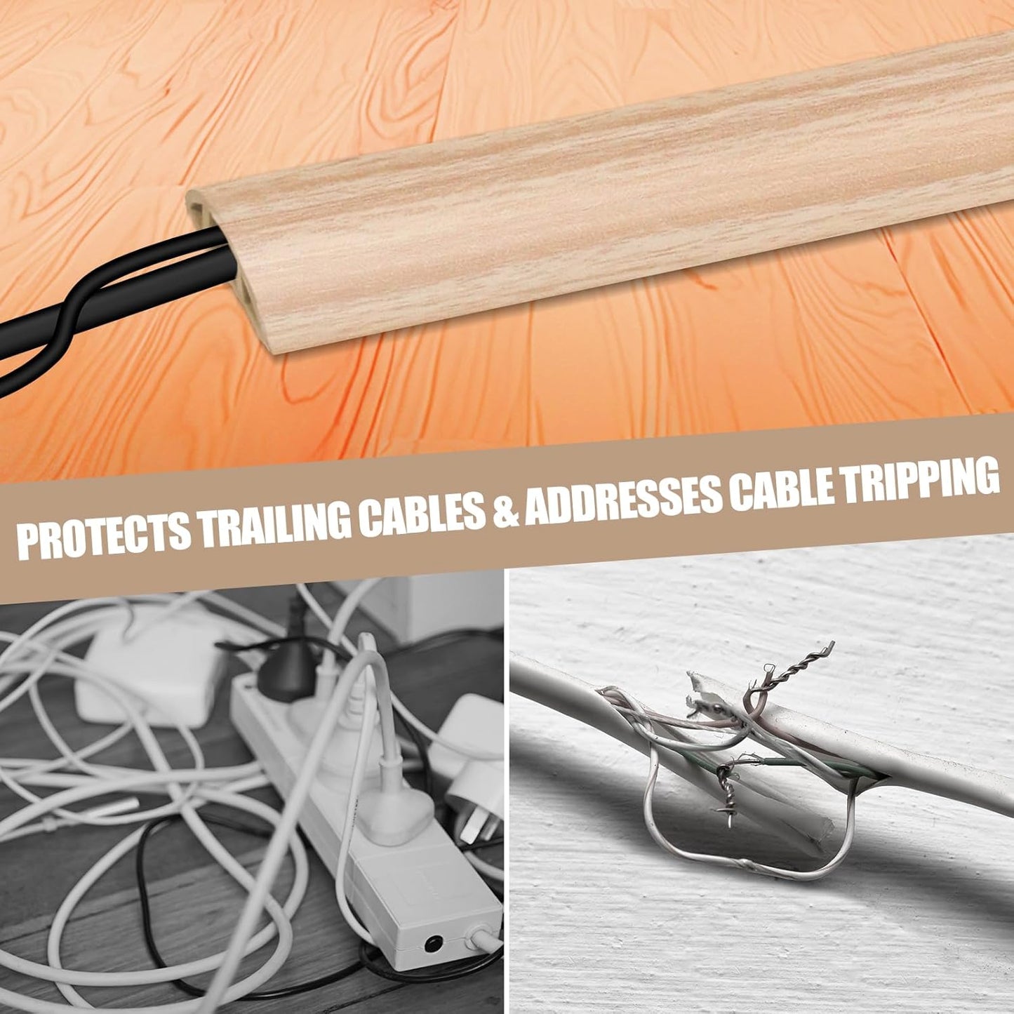 Floor Cord Cover Self Adhesive Cord Hider,20FT Cable Management, Extension Strip Protector for Wires, Prevent Cable Trips for Offices, Gyms, Exhibitions Cavity:0.39"(W) x 0.27"(H) WoodLightyellow