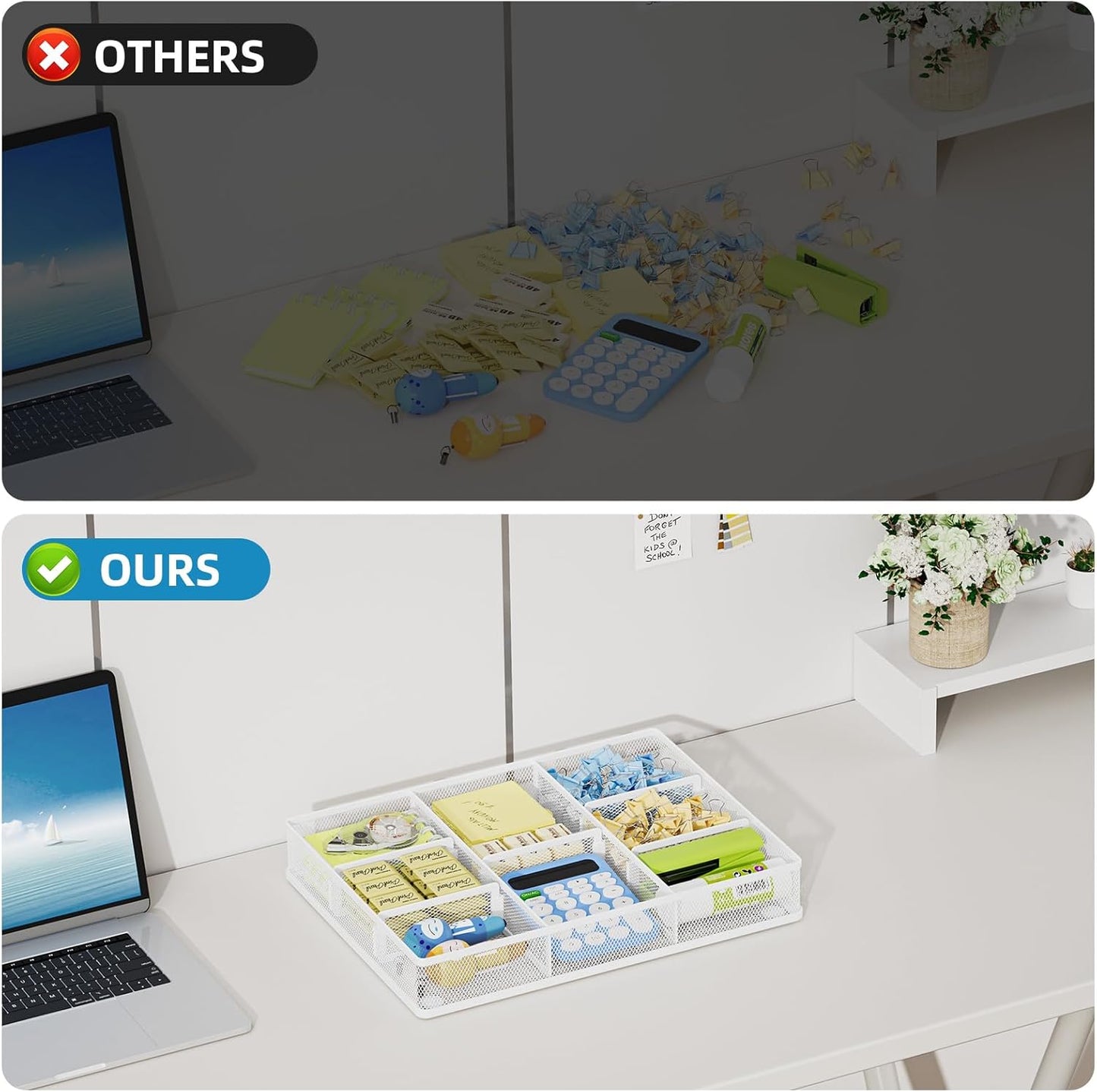 Marbrasse Desk Drawer Organizer, Metal Mesh Drawer Organizer Tray with 5 Adjustable Compartments,Desk Organizers and Accessories for Home,Office,Kitchen,Makeup,Vanity (White)