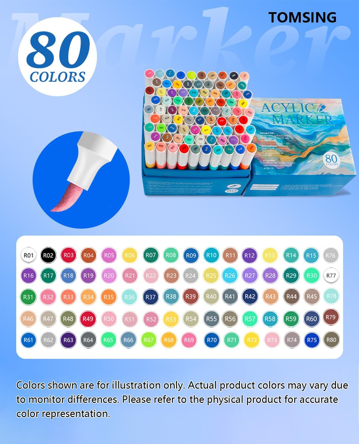 80 Brush Markers Pens,Water-based Ink and Quick-Drying,Painting Supplies Perfect for Plastic Sheets Fabric Bags Ceramics Stone Pottery Wood and Handmade Crafts(80 Colors)