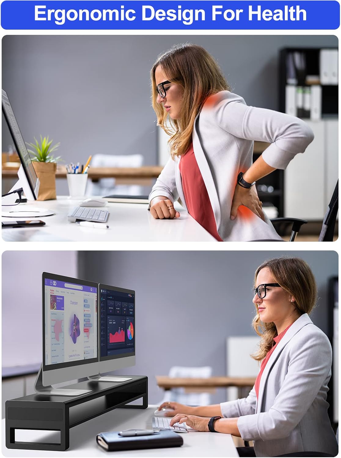 2 Tiers Dual Monitor Stand with 4 USB 3.0 Hub Ports, Double Monitor Riser, Metal Desk Stand with Storage, Long Screen Raiser for 2 Monitors/PC/Laptop/Computer Space Saver Organizer Office Home School