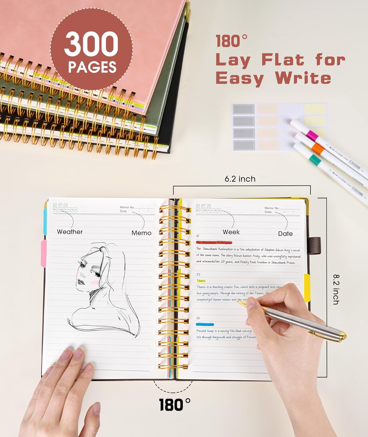 Hardcover Spiral Notebook Journal with Removable Dividers Tabs, 300 Pages Leather 5 Subject Notebook College Ruled, 8"x10" Large B5 Notebooks for Work School Note taking, Lined Journal for Men,Brown