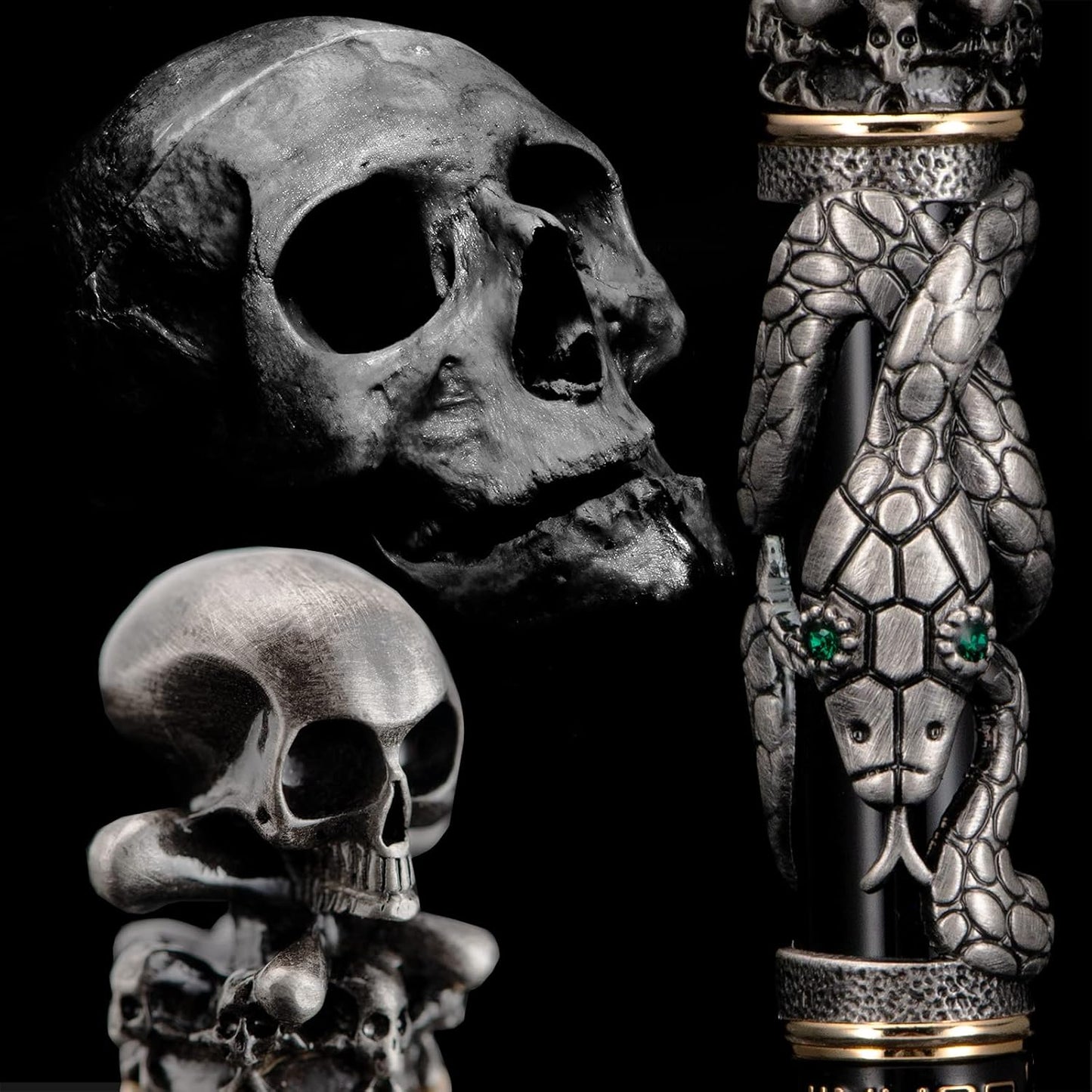 Jinhao Black Snake Fountain Pen Extra Fine Nib Retro Style with Skull Head Solid Metal and Paper Pen Case Set