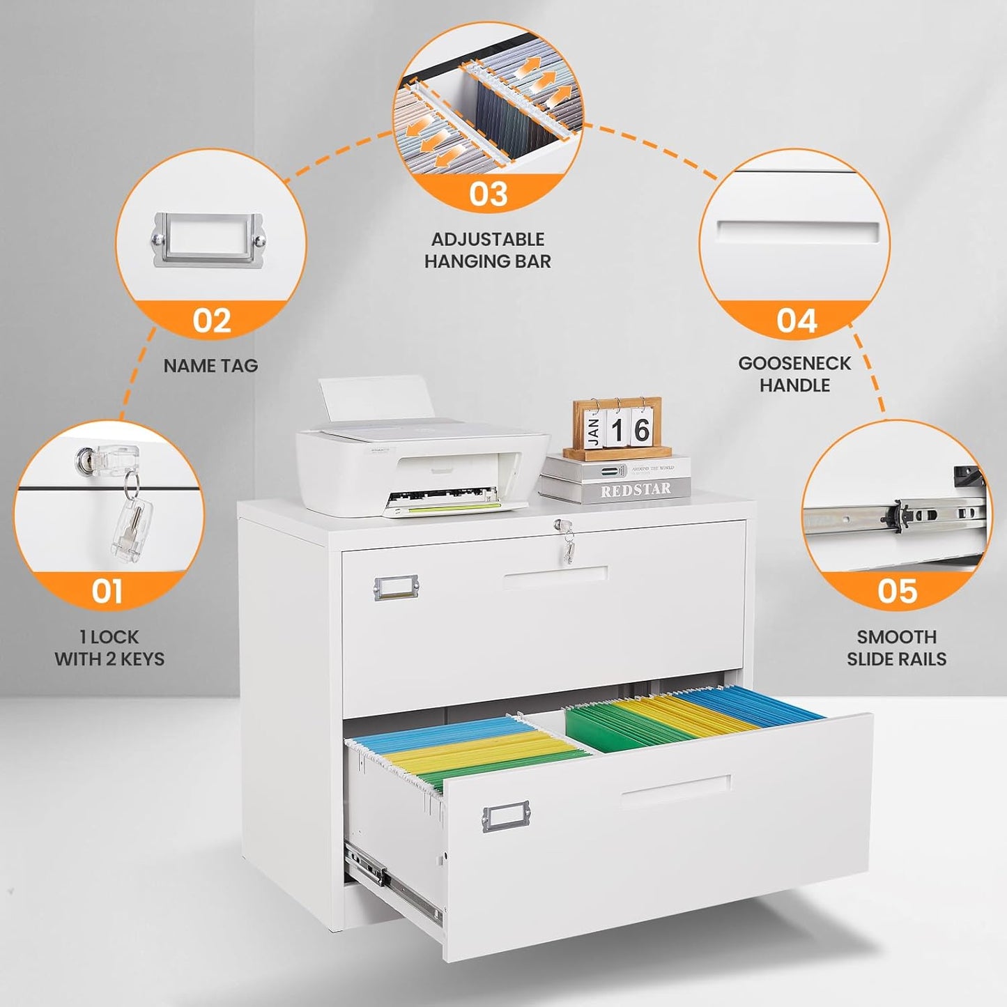 2 Drawer File Cabinets for Home Office, Metal Filing Cabinet with Lock, White Locking File Caninet Two Drawer, Office Storage Caninets Steel Cabnet for Letter/Legal/A4/F4-Assembly Required