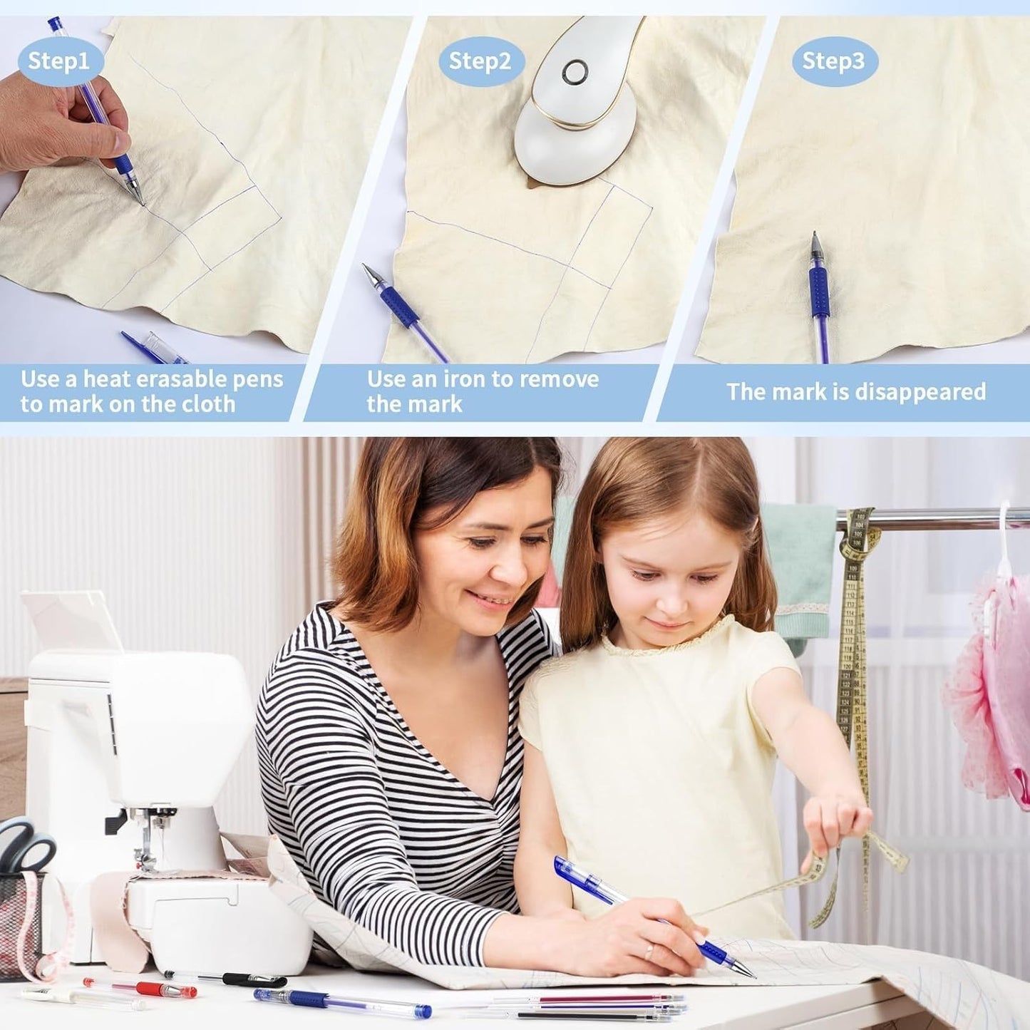 12 Pcs Heat Erasable Pens for Fabric with 96 Refills, Fabric Marking Pens for Sewing, Quilting, Embroidery, Dressmaking, Tailors Sewing Chalk Pencils