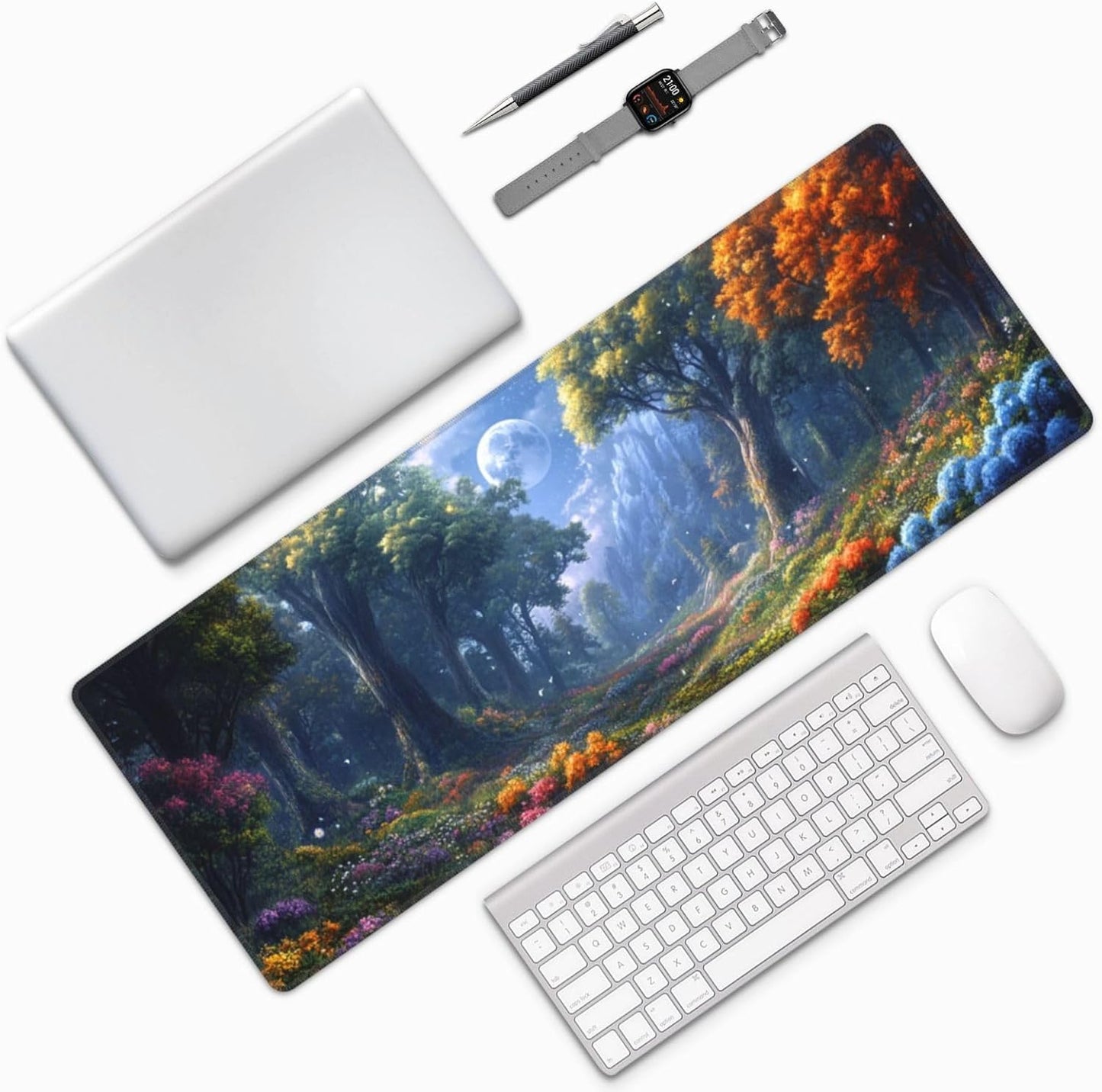 Tree Flower Mouse Pad 31.5 X 11.8 Inch Big Desk Rubber Base Stitched Edges Keyboard Pad XXL Mouse Mat for Home Game and Office
