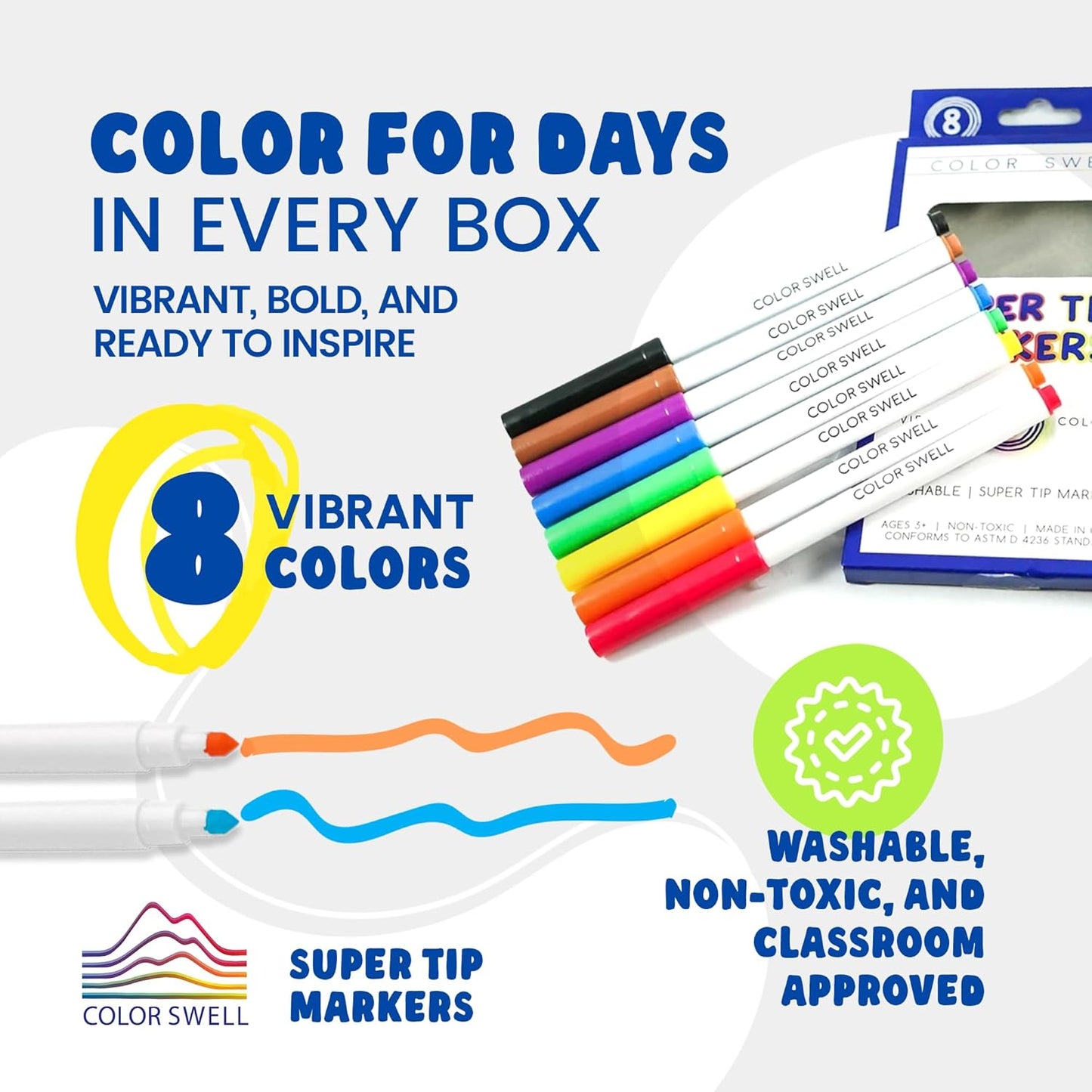 Color Swell Super Tip Washable Bulk Markers Pack 50 Boxes of 8 Vibrant Colors (400 Total Markers) Perfect for Kids, Parties, Classrooms