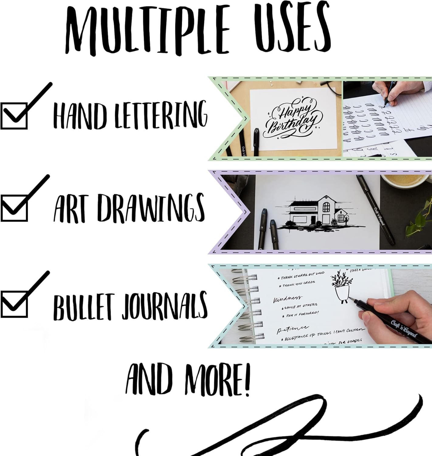 Craft 'n' Beyond Calligraphy Brush Pens Pack of 10 Markers for Hand Lettering, Art Drawing, Sketching, Scrapbooking, Journaling - Beginner Kit with Fadeproof Black Ink