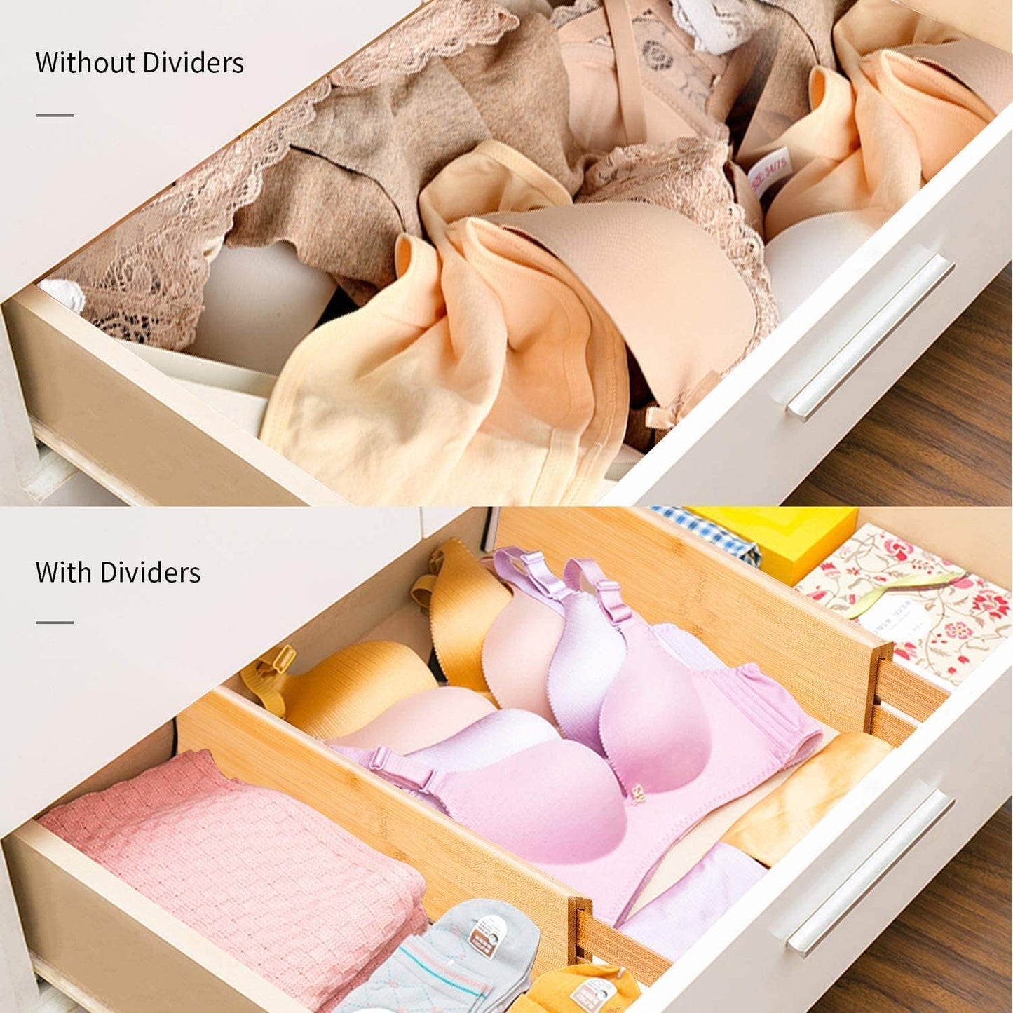 Utoplike 4 pcs Bamboo Kitchen Drawer Dividers Large, Adjustable Drawer Organizers, Spring Loaded, Works in Kitchen, Dresser, Bathroom, Bedroom, Drawer, Desk