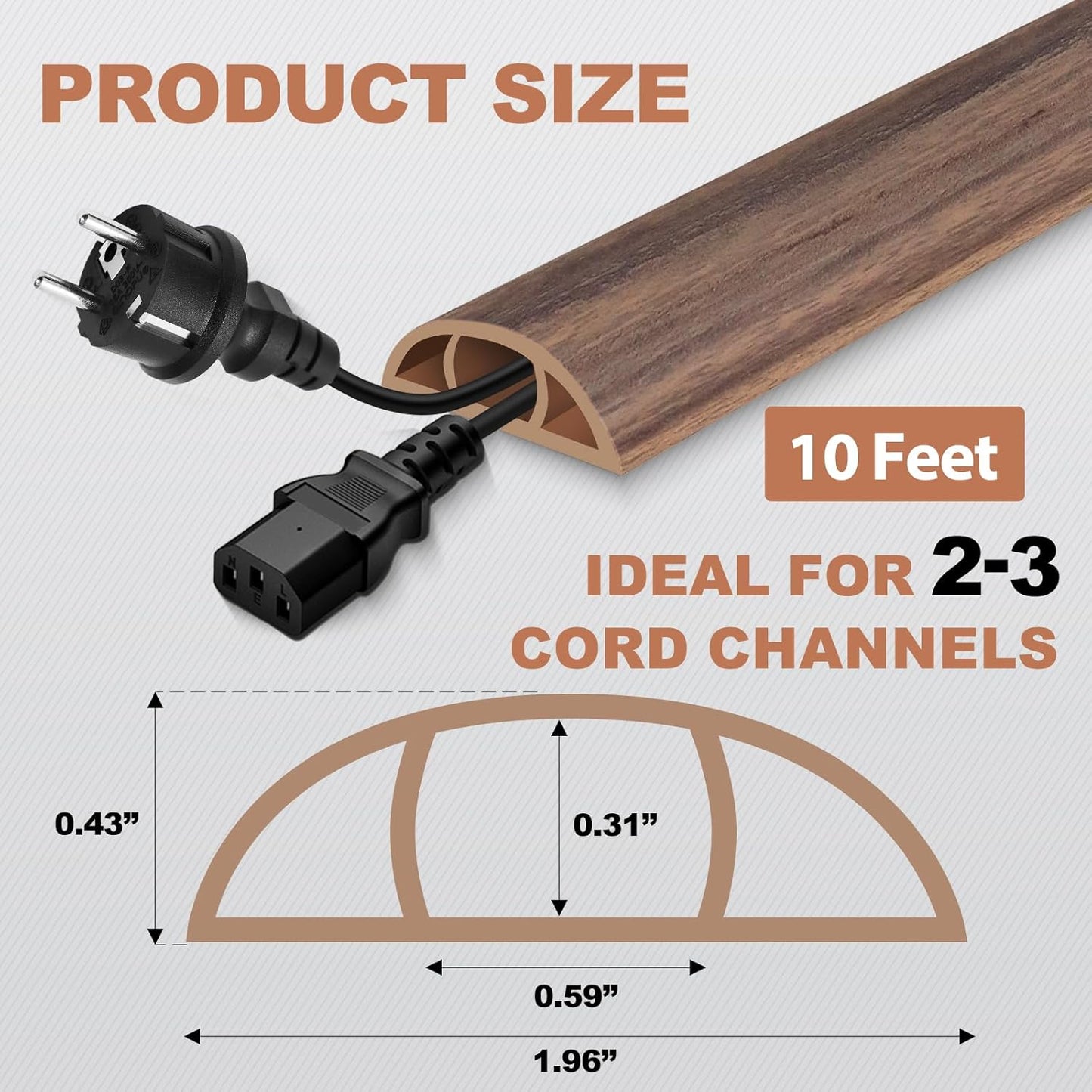 Floor Cord Cover for Wires on Floor Self Adhesive Cord Hider Floor Cable Management Wire Covers for Cords Protector Prevent Cable Trips Cord Cavity W 0.59" x H 0.31", Misty Brown Wood, 10Ft