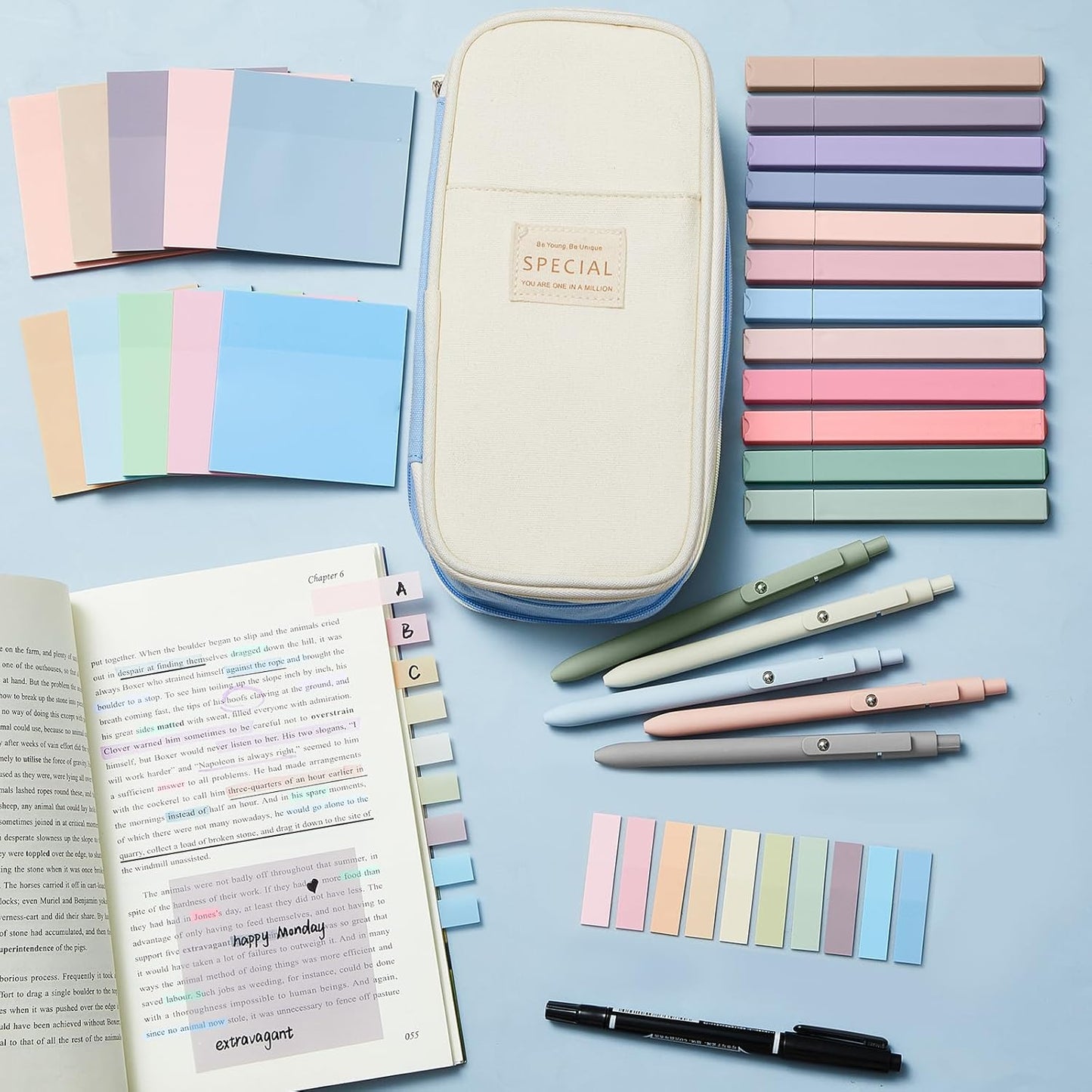 Jutom 39 Pcs Aesthetic Book Annotation Kit Highlighter with Pencil Case Bag Gel Pen Transparent Sticky Note Taking Bible Study College School Supplies(Light Blue,Cute Style)