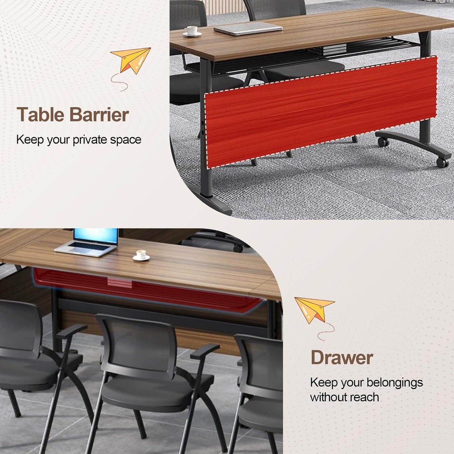 Folding Conference Room Table, Modern Conference Tables with Wheels, Large Rectangular Mobile Training Tables for Office Classroom, Foldable Modular Boardroom Seminar Table Walnut (10pack L63in)