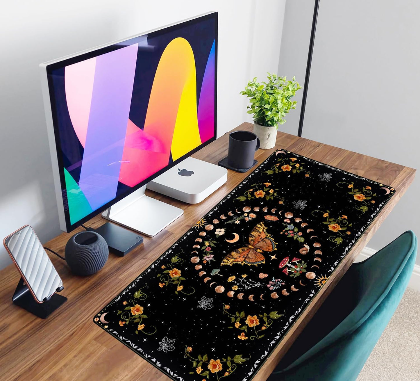 Moth Desk Pad Mushroom Phase Moon Phase Desk Mat, Boho Flowers and Leaves Computer Big Mouse Pad Washable Cloth Non-Slip Rubber Base Keyboard Pad Mouse Mat for Office with Stitched Eges 31.5x15.7 in