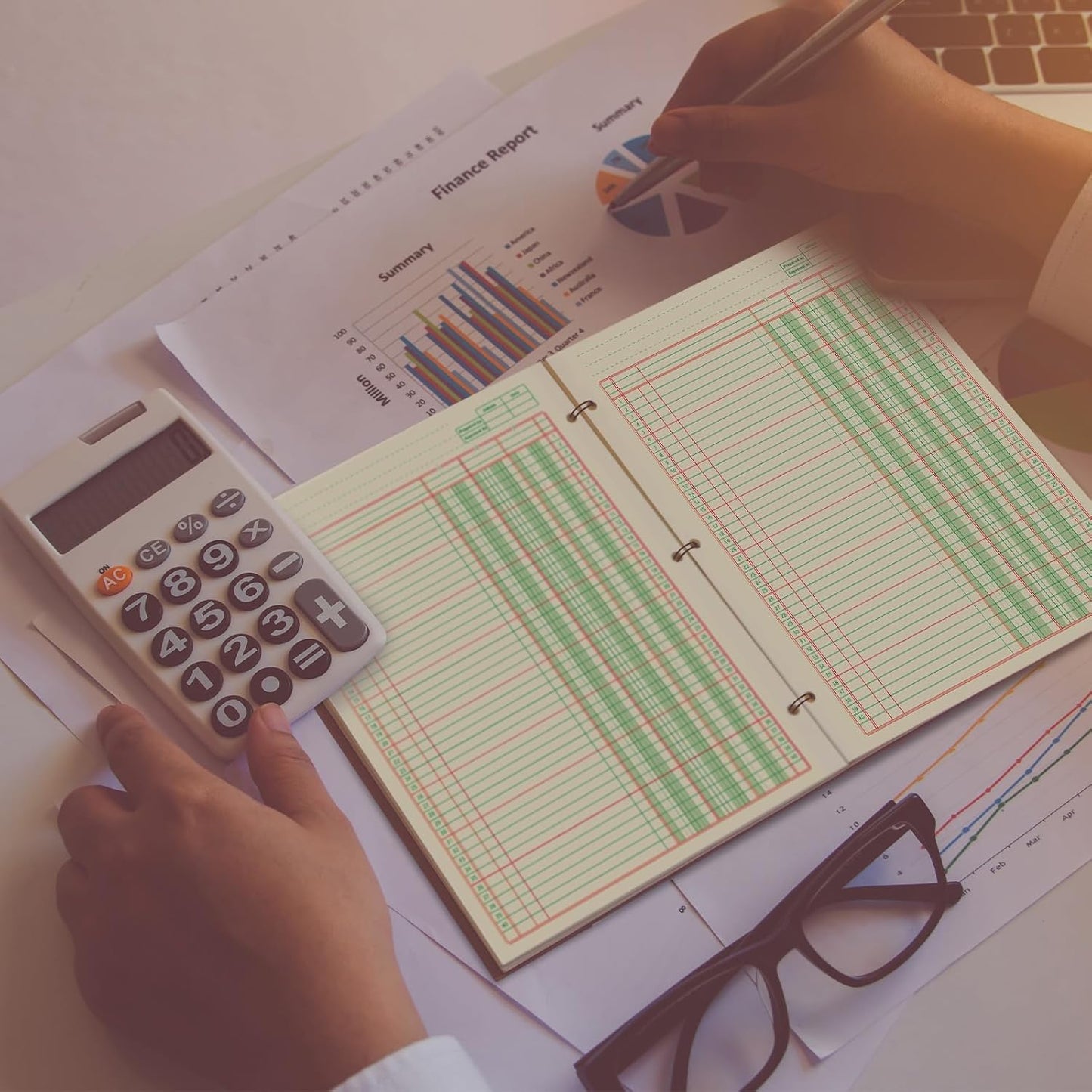 Fulmoon 5 Pack 250 Sheets Ledger Paper Accounting Columnar Pads 3 Hole Analysis Accounting Ledger Book for Business, 50 Sheets/Pack, Single Page Format, Green(8.5 x 11 Inch,3 Columnar)