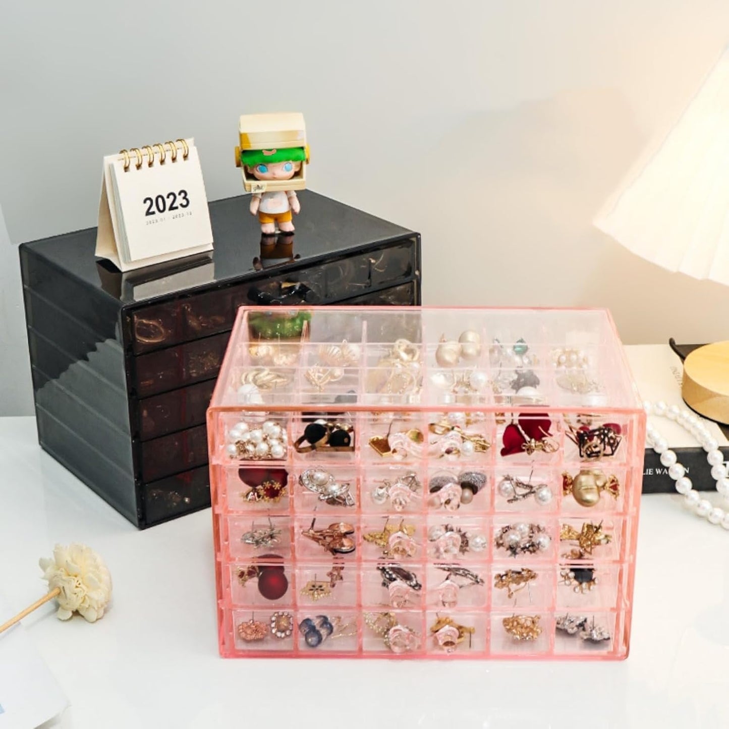 Feadily Acrylic Jewelry Organizer Box, Jewelry Drawer Organizer With 5 Drawers 120 Grids, Pink