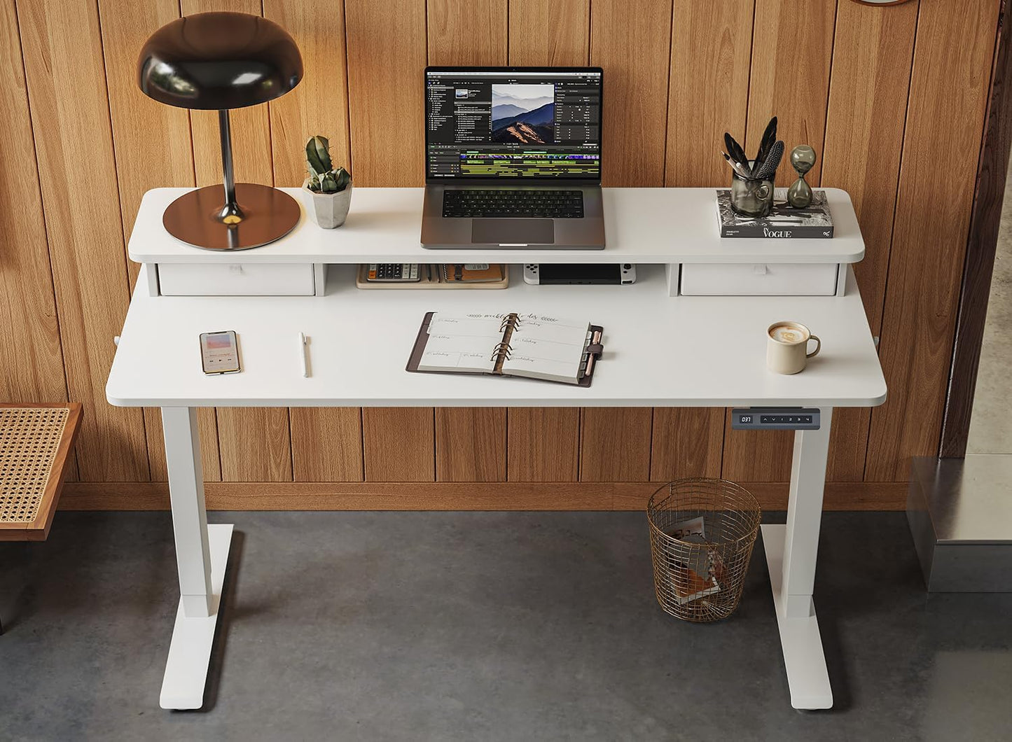 FEZIBO 48 x 24 Inch Height Adjustable Electric Standing Desk with Double Drawer, Computer Desk, Home Office Stand Up Table with 4 Height-Adjustable Feets & 2 Hooks, White