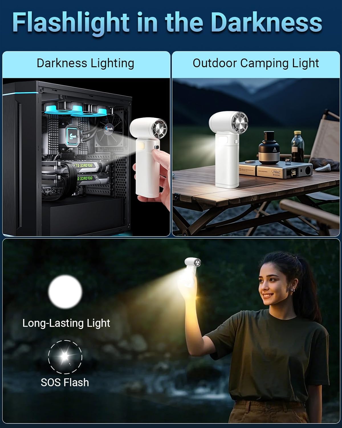 Handheld Mini Turbo Fan 120000RPM 6-Speed Turbo Power 9000mAh Portable High Speed Cooling Personal Fan with Digital Display LED Light for Travel Beach Camping (White)