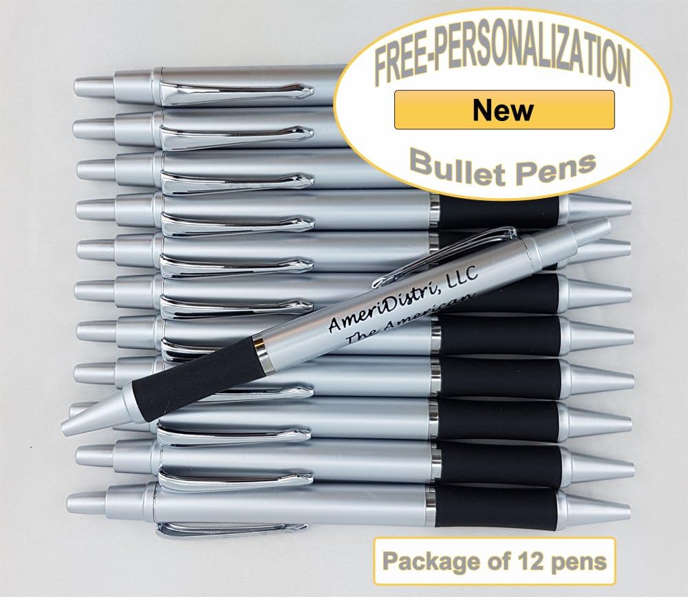ezpencils - Personalized - Elegant Tip and Click Silver Accents on Silver Solid Color Body and Black Grip - Bullet Ballpoint Pens - 12 pkg - ** FREE PERZONALIZATION **