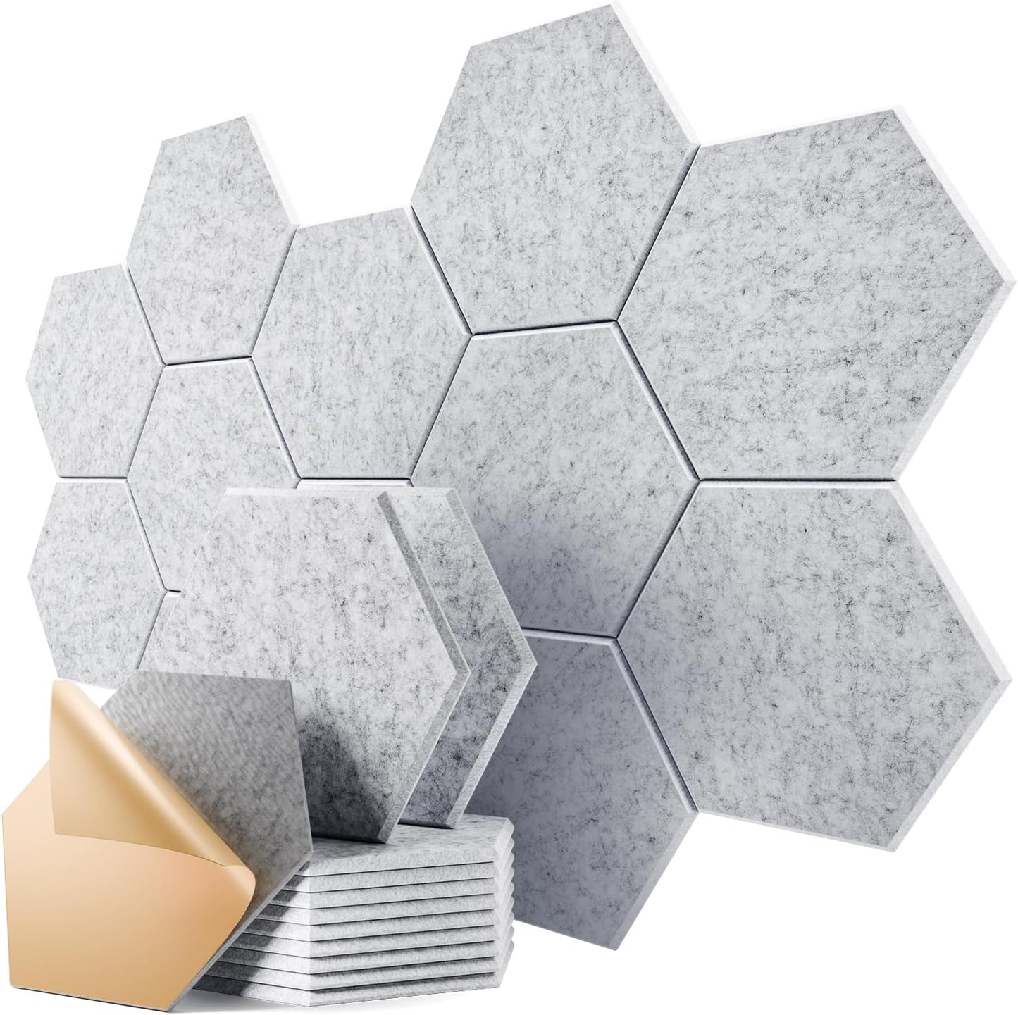 12 Pack Self-adhesive Acoustic Panels 12" X 10" X 0.4" - Sound Proof Foam Panels for walls, Hexagonal Design, High density, Absorb Noise and Eliminate Echoes(Silver Grey)